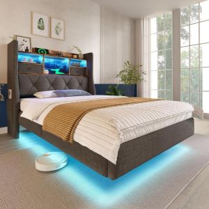 Cama individual flotante con LED y almacenaje 90x200cm gris