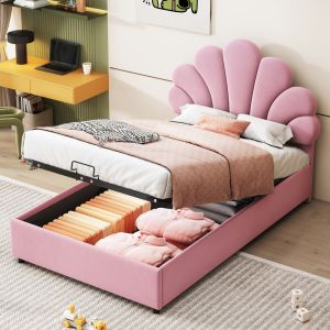 Cama tapizada 90x200cm con canapé hidráulico en terciopelo suave – rosa