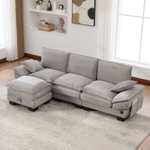 Sofá modular 3 plazas pana gris claro con taburete usb y bolsillos
