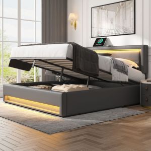 Cama tapizada 140x190cm con canapé hidráulico, usb y LED pu – gris