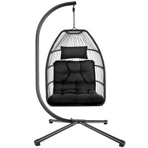 Tectake silla colgante acero, cojín grueso, plegable, giratoria, negro