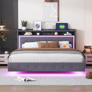 Cama tapizada 160x200cm doble con usb LED gris