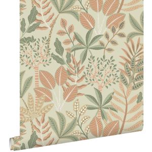Estahome papel pintado hojas verde y rosa terracota 50 x 900 cm