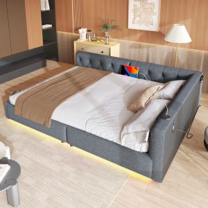 Sofá cama 140x200cm con LED y usb tipo c lino – color gris