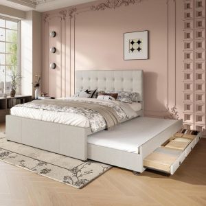 Cama doble 140x200cm, 3 cajones, cama nido y cabecero ajustable beige