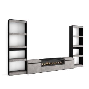 Muebles de salón para tv, 320x35x186cm, cemento, chimenea eléctrica rf2607