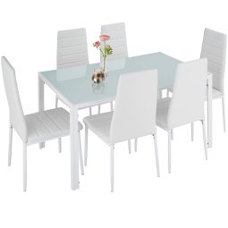 Tectake 7pzas comedor acero cuero sintético mesa vidrio prot, blanco/blanco