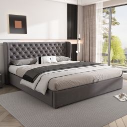 Cama 160x200cm con sistema hidráulico y tapizado en terciopelo gris