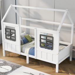 Cama casita 90x200cm con barandilla y ventana madera maciza y mdf – blanco