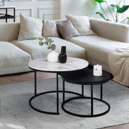 Conjunto 2 mesas bajas nido alaska 54/70 efecto mármol negro, patas metal