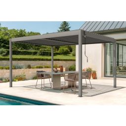 Pérgola aluminio 4x3m lamas orientables, ventilación y sol, topo piana