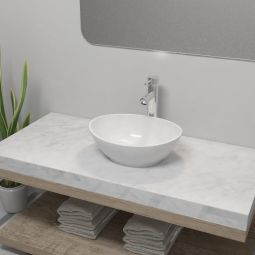 vidaXL lavabo de baño con grifo mezclador cerámica ovalado blanco