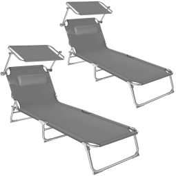 2 tumbonas ajustables en 4 niveles con parasol y reposacabezas, gris