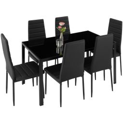 Tectake conjunto mesa comedor con 6 sillas cuero sintético, negro/negro