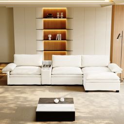 Sofá en l chenilla beige 4 plazas con carga inalámbrica