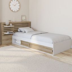 Cama individual con almacenamiento blanco y madera - 90 x 190 cm