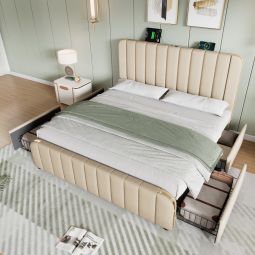 Cama tapizada 160x200cm con cajones y usb lino – beige