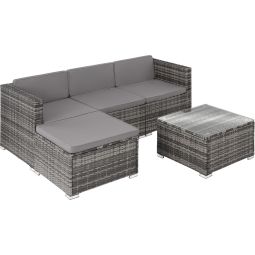 Tectake conjunto ratán 5 piezas acero polirratán cojines mesa cristal gris