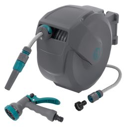 Carrete de manguera extensible 15m PVC gris con bloqueo y 9 funciones