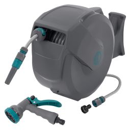 Carrete de manguera extensible 30m PVC gris con bloqueo y 9 funciones