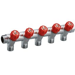 Colector macho - hembra 3/4 con grifería roja - 5 salidas 1/2