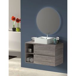 Mueble zeus con lavabo y espejo redondo LED roble smoky 80 cm derecha