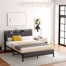 Cama individual 140x200 cm negra con cabezal acolchado, 2 puertos usb y LED