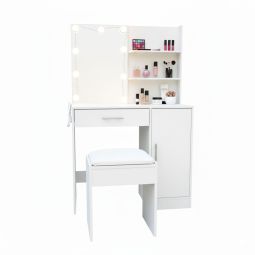 Tocador con espejo LED | estantes, cajón y taburete | luz modulable