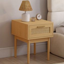 Juego de 2 mesitas de noche con rejilla de ratán natural de madera - 40 cm
