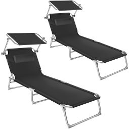 2 tumbonas ajustables en 4 niveles con parasol y reposacabezas, negro