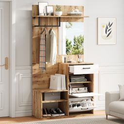 Mueble recibidor con espejo y 1 cajón blanco madera natural 190x100x38,5cm