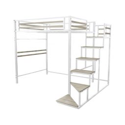 Cama alta de metal con escalera "lena" - 140 x 200 cm - blanco