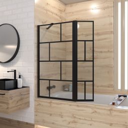 Mampara de bañera con panel pivotante -perfil negro -130x104cm -vidrio 5mm