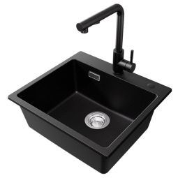Fregadero de cocina negro de granito 50x45cm con grifo de cocina extraíble