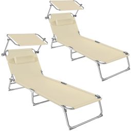 2 tumbonas ajustables en 4 niveles con parasol y reposacabezas, beige