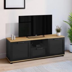 Mueble tv 110 cm negro y efecto madera con nicho y almacenamiento