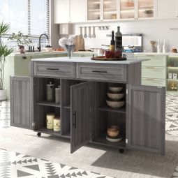 Isla de cocina con ruedas, 2 cajones y ala abatible gris 91,5x129x46-71cm