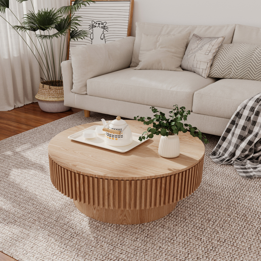Mesa de centro redonda con almacenaje madera natural 75cm