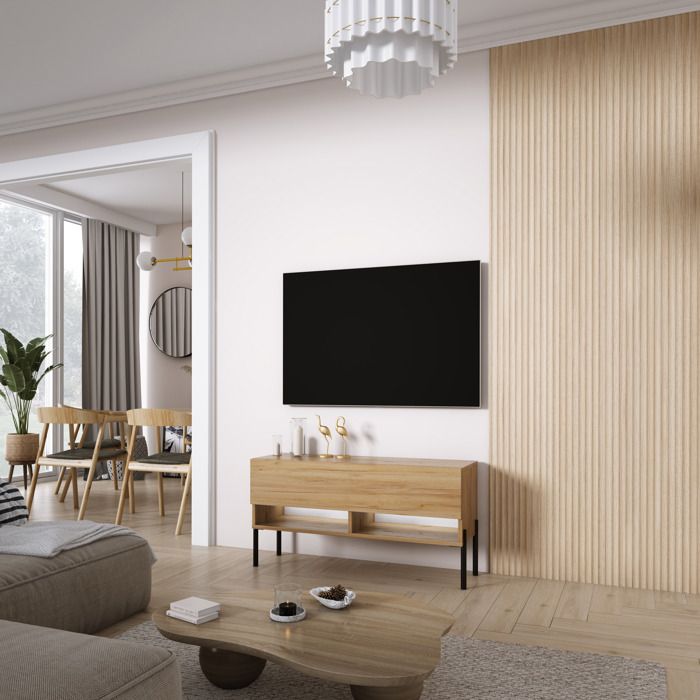 Mueble tv roble craft - patas negras - LED blanco - 100x32x52 cm