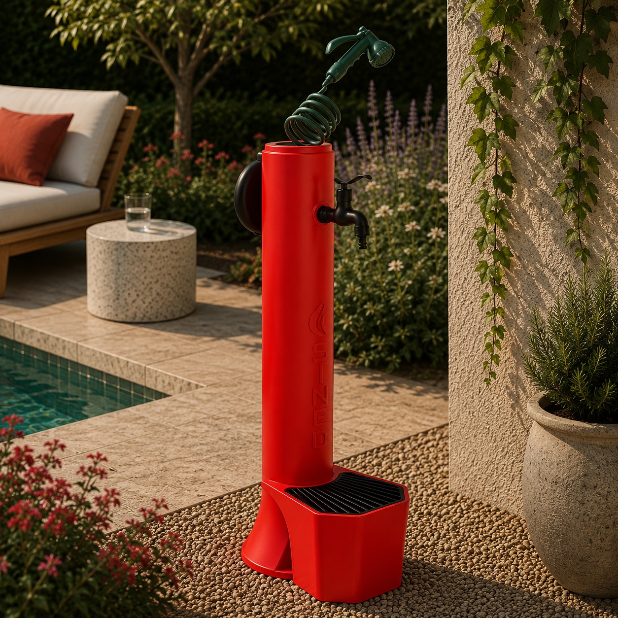 Fuente de jardín roja con cubo rojo sined fontana tritone pro rossa