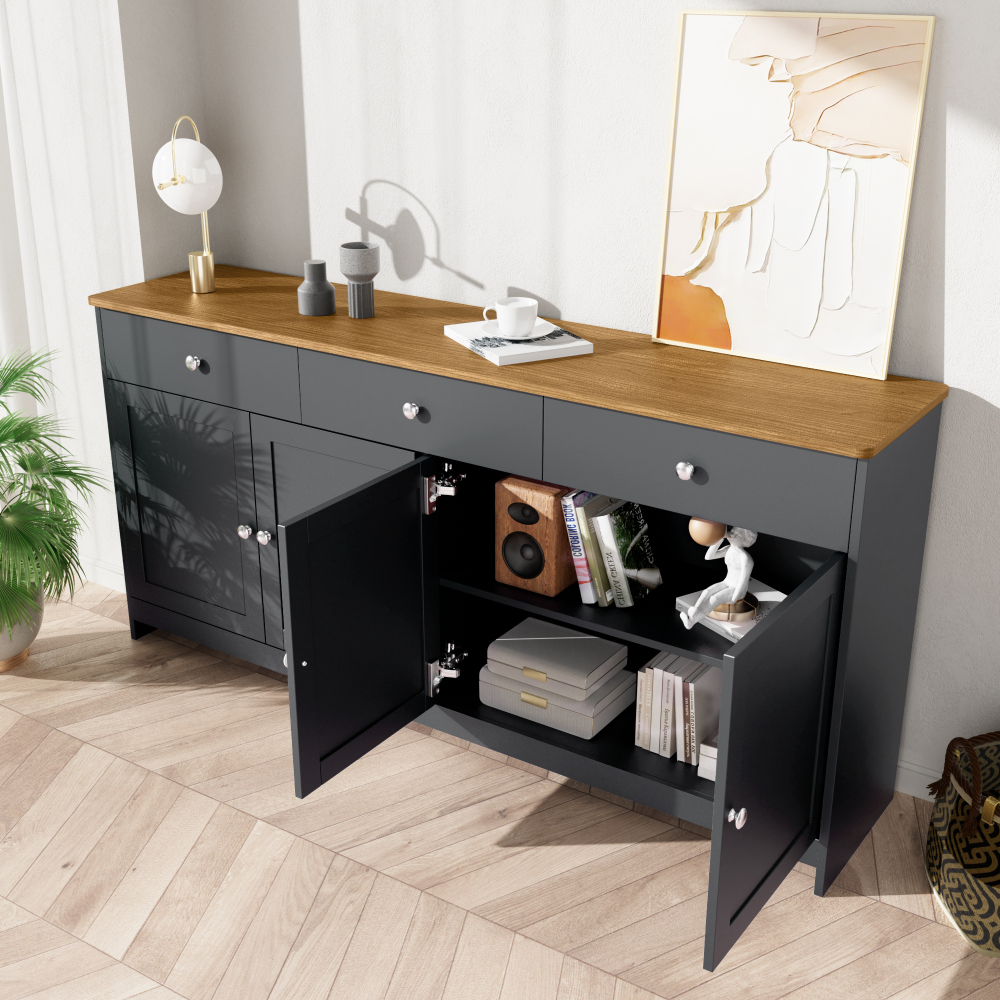 Aparador para salón comedor 4 puertas 3 cajones gris negro 75x160x37cm
