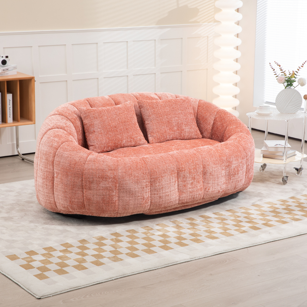 Sillón puff chenilla rosa con reposabrazos para salón y dormitorio