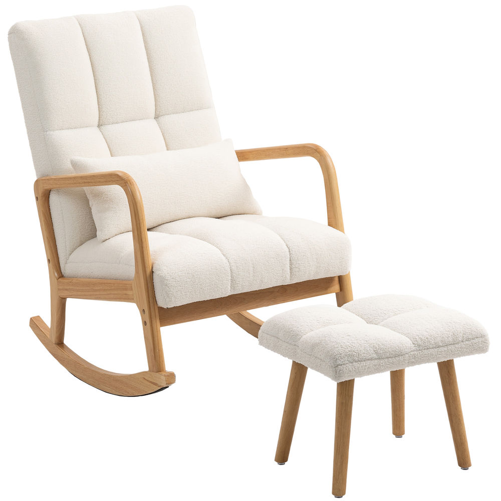 Silla mecedora 64.5x82x89 cm tejido bouclé, madera de caucho color blanco
