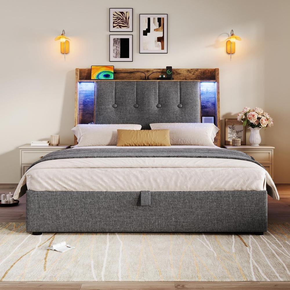 Sofa cama tapizado 90x200cm con cargador usb-c y luz LED gris