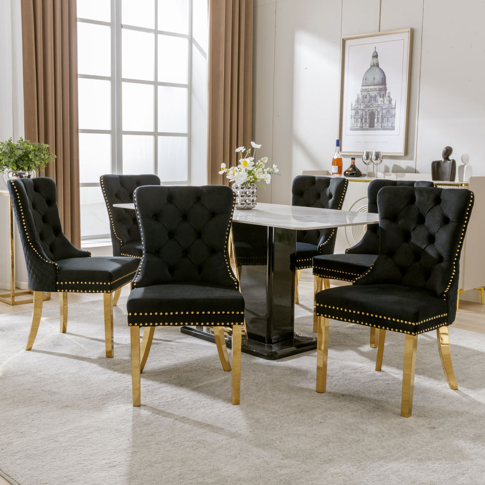 Silla de comedor terciopelo negra con patas doradas y aro