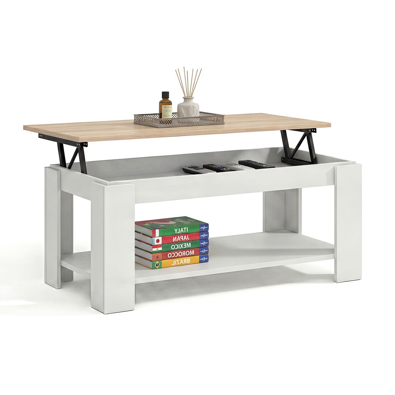 Mesa de centro elevable con almacenaje 102x43-54 cm lya blanco - roble