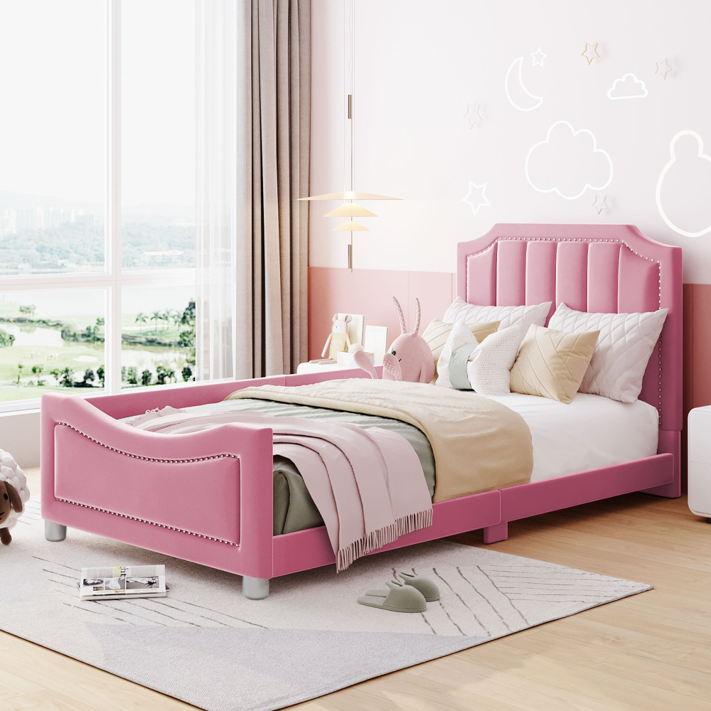 Cama tapizada 90x200cm con respaldo y reposabrazos madera – rosa
