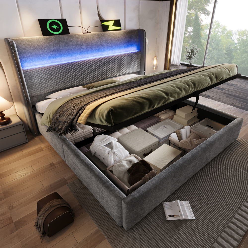 Cama tapizada 140x200cm canapé LED usb lino gris con colchón