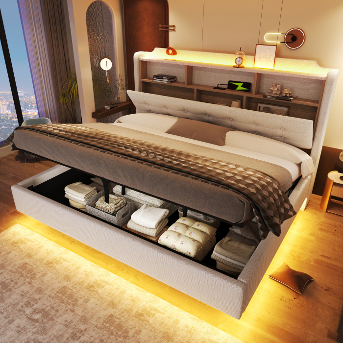 Cama tapizada 180x200cm con hidráulico, LED y carga usb lino y mdf beige