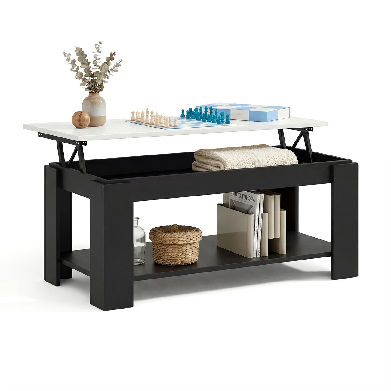 Mesa de centro elevable con almacenaje 102x43-54 cm lya negro mate - blanco